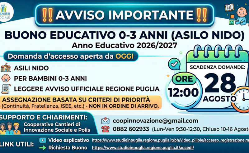 ‼️ AVVISO IMPORTANTE ‼️Buono Educativo 0-3 Anni (ASILO NIDO) Anno Educativo 2026-2027