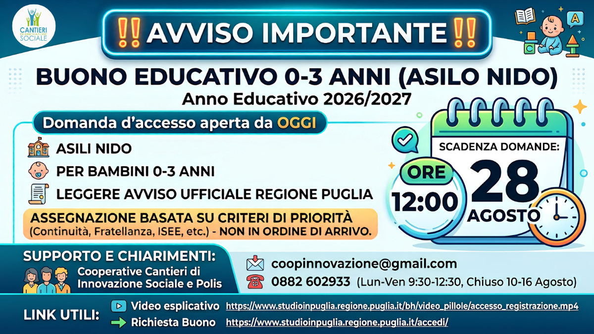 ‼️ AVVISO IMPORTANTE ‼️Buono Educativo 0-3 Anni (ASILO NIDO) Anno Educativo 2026-2027